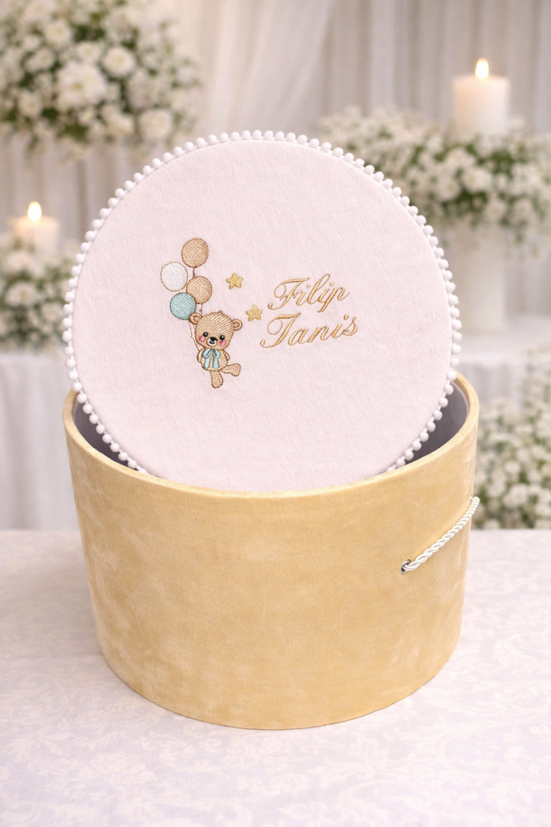 Cutie trusou pentru botez, personalizata, Ursulet cu Baloane
